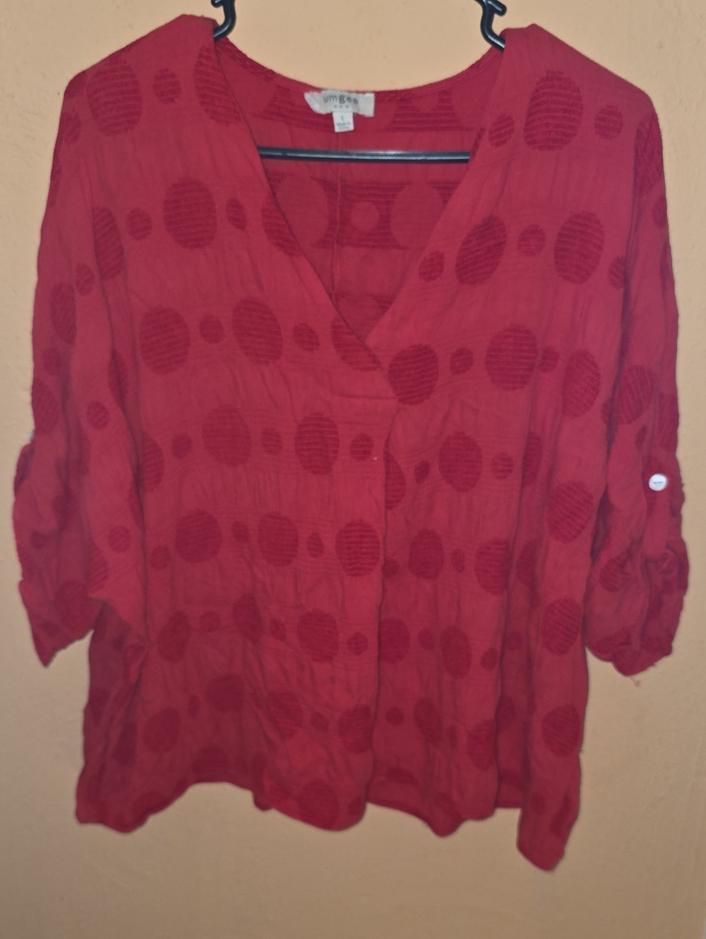 Umgee Red Textured Polka Dot V-Neck Blouse
